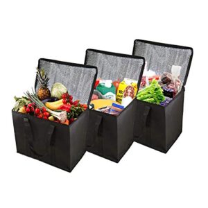 houseables insulated bags, reusable groceries tote, thermal shopping bag, 3 pack, black, 16" x 13" x 9", extra large (xl), refrigerated grocery delivery, hot, cold, frozen foods cooler, with zipper