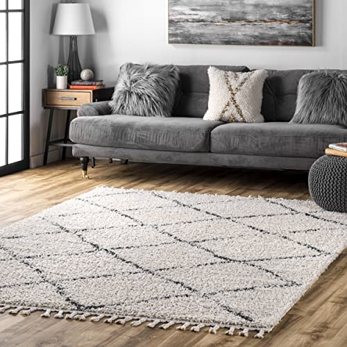 nuLOOM Jessie Moroccan Lattice Tassel Shag Area Rug, 9' 2" x 12', Off-white