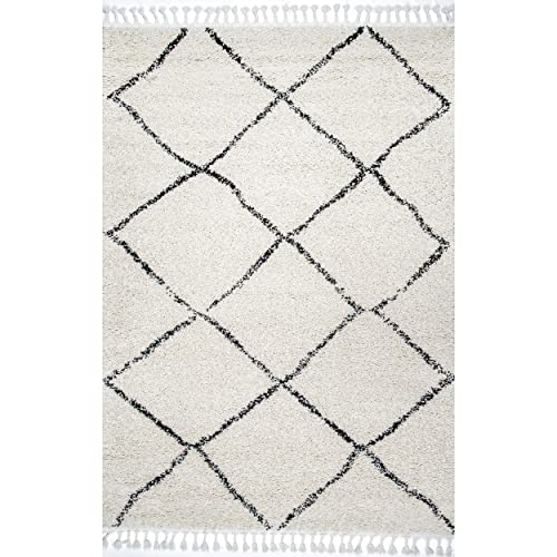 nuLOOM Jessie Moroccan Lattice Tassel Shag Area Rug, 9' 2" x 12', Off-white