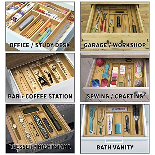 Bamboo Silverware Organizer has Double-Strength Dividers and Extra-Deep Compartments. Furniture-Grade Organic Bamboo (No MDF) Flatware Organizer. Kitchen Utensil Drawer Organizer in Beautiful Gift Box