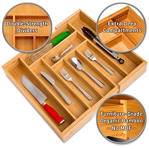 Bamboo Silverware Organizer has Double-Strength Dividers and Extra-Deep Compartments. Furniture-Grade Organic Bamboo (No MDF) Flatware Organizer. Kitchen Utensil Drawer Organizer in Beautiful Gift Box