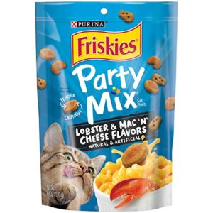 purina friskies made in usa facilities cat treats, party mix lobster & mac 'n' cheese flavors - (6) 6 oz. pouches