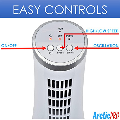 MINI DESK OSCILLATING TOWER FAN By Arctic-Pro – Slim and Compact Size, 2-Speed, Ultra-Quiet Operation, Convenient Carrying Handle, 75 Degrees of Oscillation For Powerful Circulation, 12 Inches, White