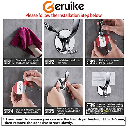 GERUIKE Adhesive Towel Hooks Stainless Steel Self Adhesive Robe Coat Hook for Bathroom Kitchen Wall Mounted Door Clothes Hook No Screws Damage Free