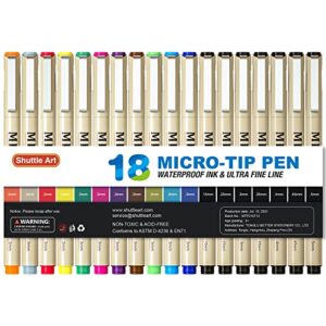 shuttle art 18 pack micro-line pens, waterproof archival ink, 11 colors in 0.3mm felt tip & 7 blacks in sizes 0.15mm to 0.5mm multiliner for journaling technical illustrating drawing manga zentangle