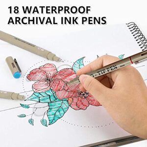 Shuttle Art 18 Pack Micro-line Pens, Waterproof Archival Ink, 11 Colors in 0.3MM Felt Tip & 7 Blacks in Sizes 0.15MM to 0.5MM Multiliner For Journaling Technical Illustrating Drawing Manga Zentangle