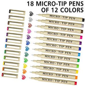 Shuttle Art 18 Pack Micro-line Pens, Waterproof Archival Ink, 11 Colors in 0.3MM Felt Tip & 7 Blacks in Sizes 0.15MM to 0.5MM Multiliner For Journaling Technical Illustrating Drawing Manga Zentangle