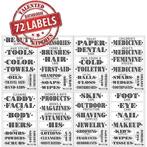 Talented Kitchen Farmhouse Bathroom Beauty Organization Labels – 72 Bathroom & Makeup Organization Preprinted Sticker. Water Resistant, Canister Labels. Jar Decals Bath Storage (Set of 72 – Bathroom)