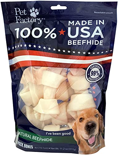 Pet Factory 100% Made in USA Beefhide 4-5" Knotted Bones Dog Chew Treats - Natural Flavor, 8 Count/1 Pack