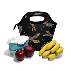 Lunch Tote Bag Golden Dragonflies Neoprene Insulated Cooler Warmer, Funny Portable Lunchbox Handbag for Men Women Adult Kids Boys Girls