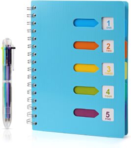 kesoto a5 lined notebook with multicolored pen wire spiral subject notebook journal with 5 divider tabs & 6 color retractable ballpoint pen, 240 pages, blue