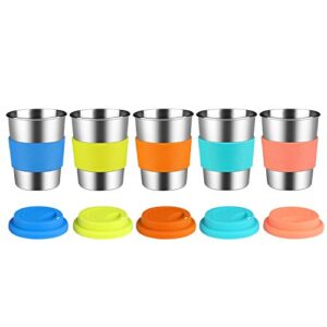 KEREDA Kids Stainless Steel Cups With Silicone Lids & Sleeves, 5 Pack 8 oz. Drinking Tumblers Eco-Friendly BPA-Free for Children and Toddlers, Adults