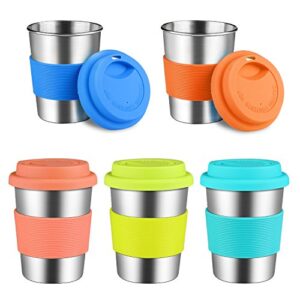 kereda kids stainless steel cups with silicone lids & sleeves, 5 pack 8 oz. drinking tumblers eco-friendly bpa-free for children and toddlers, adults