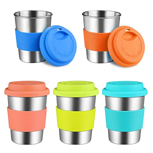 KEREDA Kids Stainless Steel Cups With Silicone Lids & Sleeves, 5 Pack 8 oz. Drinking Tumblers Eco-Friendly BPA-Free for Children and Toddlers, Adults