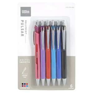 office depot pulsar advanced ink ballpoint pens, conical/medium point, 0.8 mm, fashion assorted barrel colors, assorted ink colors, pack of 6