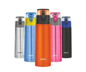 milton thermosteel atlantis 600 vacuum insulated thermosteel water bottle/flask 500 ml | 17 oz |flip top lid carry handle hot & cold 18/8 stainless steel bpa free food grade leak-proof | orange