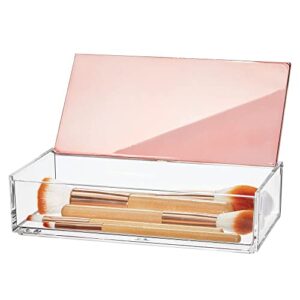 mdesign small makeup organizer box with decorative lid for vanity countertops, cabinet - store makeup brushes, eye shadow palettes, lipstick, lip gloss, blush, jewelry - plastic, clear/rose gold