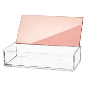 mDesign Small Makeup Organizer Box with Decorative Lid for Vanity Countertops, Cabinet - Store Makeup Brushes, Eye Shadow Palettes, Lipstick, Lip Gloss, Blush, Jewelry - Plastic, Clear/Rose Gold