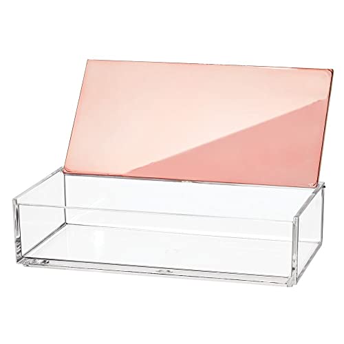 mDesign Small Makeup Organizer Box with Decorative Lid for Vanity Countertops, Cabinet - Store Makeup Brushes, Eye Shadow Palettes, Lipstick, Lip Gloss, Blush, Jewelry - Plastic, Clear/Rose Gold