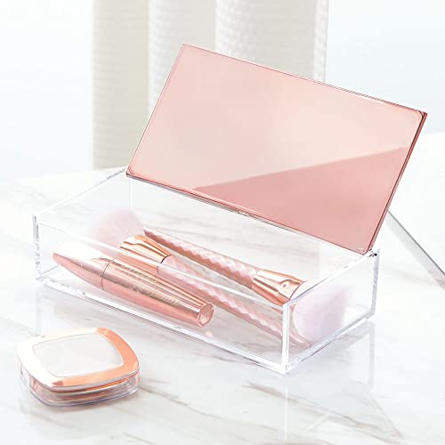 mDesign Small Makeup Organizer Box with Decorative Lid for Vanity Countertops, Cabinet - Store Makeup Brushes, Eye Shadow Palettes, Lipstick, Lip Gloss, Blush, Jewelry - Plastic, Clear/Rose Gold