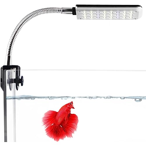 SunGrow LED Aquarium Light for Fish Tank, 24 LEDs, White & Blue Adjustable 360° Flexible Metal Arm Small Aquarium LED Light for Nano Tank, 3.7 W Low Consumption Power Aquarium Clip Lamp with Switch