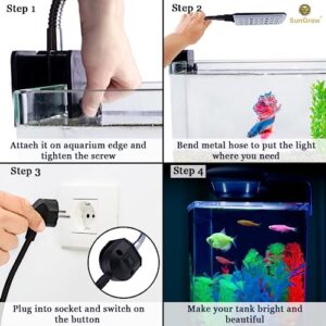 SunGrow LED Aquarium Light for Fish Tank, 24 LEDs, White & Blue Adjustable 360° Flexible Metal Arm Small Aquarium LED Light for Nano Tank, 3.7 W Low Consumption Power Aquarium Clip Lamp with Switch