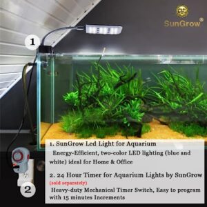 SunGrow LED Aquarium Light for Fish Tank, 24 LEDs, White & Blue Adjustable 360° Flexible Metal Arm Small Aquarium LED Light for Nano Tank, 3.7 W Low Consumption Power Aquarium Clip Lamp with Switch