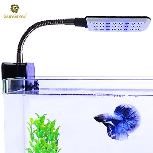 SunGrow LED Aquarium Light for Fish Tank, 24 LEDs, White & Blue Adjustable 360° Flexible Metal Arm Small Aquarium LED Light for Nano Tank, 3.7 W Low Consumption Power Aquarium Clip Lamp with Switch