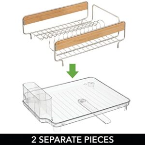 mDesign Large Kitchen Countertop, Sink Dish Drying Rack with Bamboo Wood Accents - Removable Cutlery Tray & Drainboard with Adjustable Swivel Spout - 3 Pieces, BPA Free Cutlery Caddy, Satin/Clear