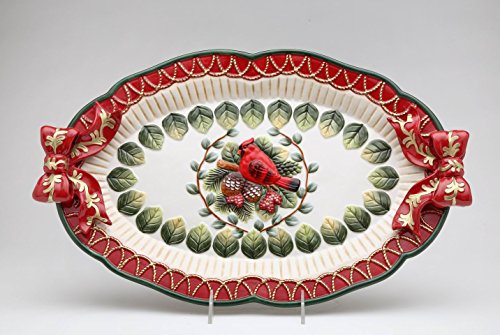 Cosmos Gifts Fine Ceramic Hand Painted Christmas Holidays Red Cardinal with Pine Cones and Red Ribbon Design with Gold Accents Red Ribbon Handle Oval Platter, 17-7/8" L