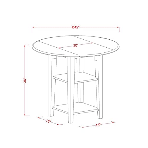 East West Furniture SUT-BMK-H Sudbury Counter Height Dining Table - a Round Dinner Table Top with Dropleaf & 2 shelves, 42x42 Inch, Buttermilk & Cherry