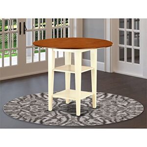 East West Furniture SUT-BMK-H Sudbury Counter Height Dining Table - a Round Dinner Table Top with Dropleaf & 2 shelves, 42x42 Inch, Buttermilk & Cherry