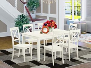 east west furniture capri 7 piece set consist of a rectangle dinner table and 6 kitchen dining chairs, 36x60 inch, linen white