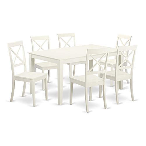 East West Furniture Capri 7 Piece Set Consist of a Rectangle Dinner Table and 6 Kitchen Dining Chairs, 36x60 Inch, Linen White