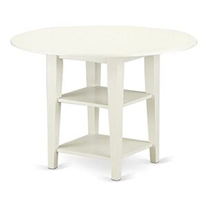 east west furniture sut-lwh-t sudbury modern dining table - a round kitchen table top with dropleaf & 2 shelves, 42x42 inch, linen white