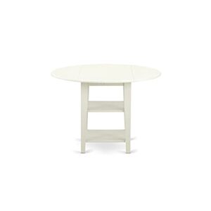 East West Furniture SUT-LWH-T Sudbury Modern Dining Table - a Round Kitchen Table Top with Dropleaf & 2 shelves, 42x42 Inch, Linen White