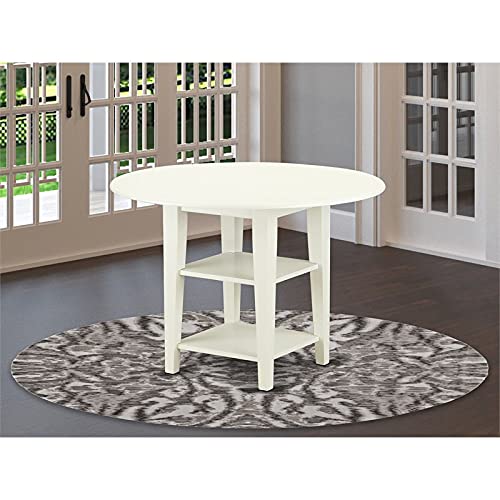 East West Furniture SUT-LWH-T Sudbury Modern Dining Table - a Round Kitchen Table Top with Dropleaf & 2 shelves, 42x42 Inch, Linen White