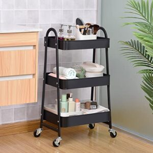 KINGRACK 3-Tier Rolling Cart, Metal Rolling Storage Cart with Lockable Wheels, Mobile Trolley Cart for Kitchen, Bathroom, Office, Workshop, Black