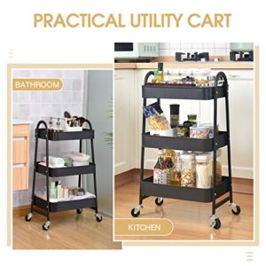 KINGRACK 3-Tier Rolling Cart, Metal Rolling Storage Cart with Lockable Wheels, Mobile Trolley Cart for Kitchen, Bathroom, Office, Workshop, Black