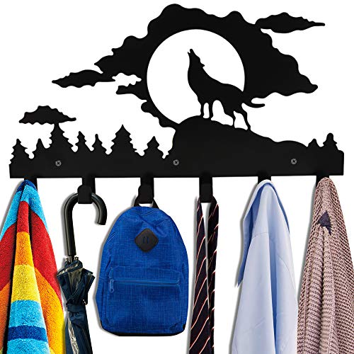 Kathy Wall Mounted Coat Hook Wolf Moon Cloud Animal Design Cute Metal Heavy Hooks Bathroom Entryway, Black