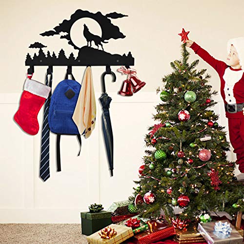 Kathy Wall Mounted Coat Hook Wolf Moon Cloud Animal Design Cute Metal Heavy Hooks Bathroom Entryway, Black