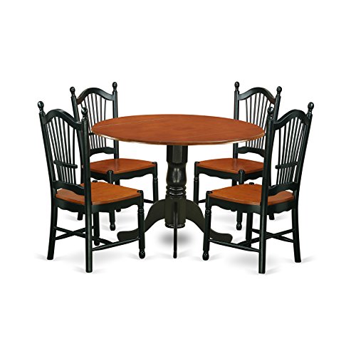 East West Furniture Dublin 5 Piece Modern Set Includes a Round Wooden Table with Dropleaf and 4 Kitchen Dining Chairs, 42x42 Inch, Black & Cherry