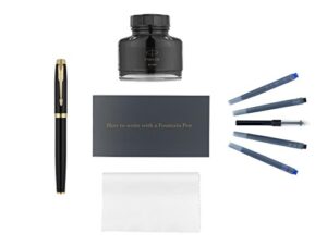 parker im fountain pen kit, black lacquer with gold trim, ink bottle refill, ink cartridge refills, ink bottle converter