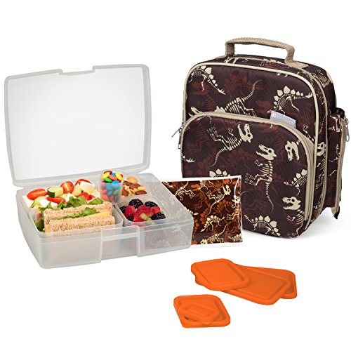 Bentology Lunch Bag and Box Set for Boys, 9 Pieces Total - Kids Insulated Lunchbox Tote, Bento Box, 5 Containers and Ice Pack - Dinosaur Fossil