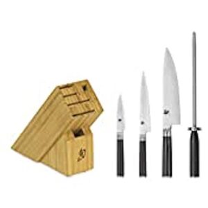 Shun Cutlery Classic 5-Piece Starter Block Set, Kitchen Knife and Block Set, Includes Classic 8” Chef, 6” Utility & 3.5” Paring Knives, Handcrafted Japanese Kitchen Knives