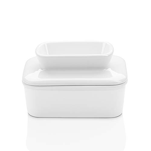 Sweese 310.101 Porcelain Butter Dish with Water - French Butter Keeper Crock - Perfect for West Coast Butter - Spreadable without Refrigeration, White