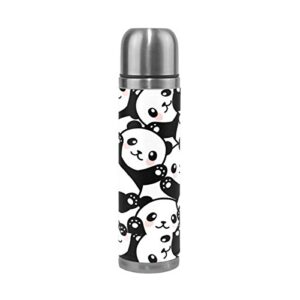 alaza cute panda stainless steel water bottle vacuum insulated double wall flask genuine leather cover 17 oz