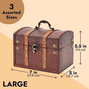 Set of 3 Wooden Pirate Treasure Chest Boxes, Decorative Vintage-Style Treasure Box for Classroom, Party Decorations Keepsakes (3 Sizes)