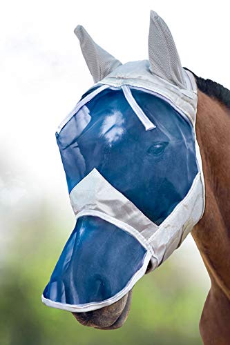 Harrison Howard CareMaster Horse Fly Mask Long Nose with Ears Full Face Silver/Blue Retro Medium Cob