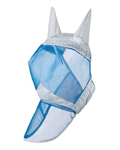 Harrison Howard CareMaster Horse Fly Mask Long Nose with Ears Full Face Silver/Blue Retro Medium Cob